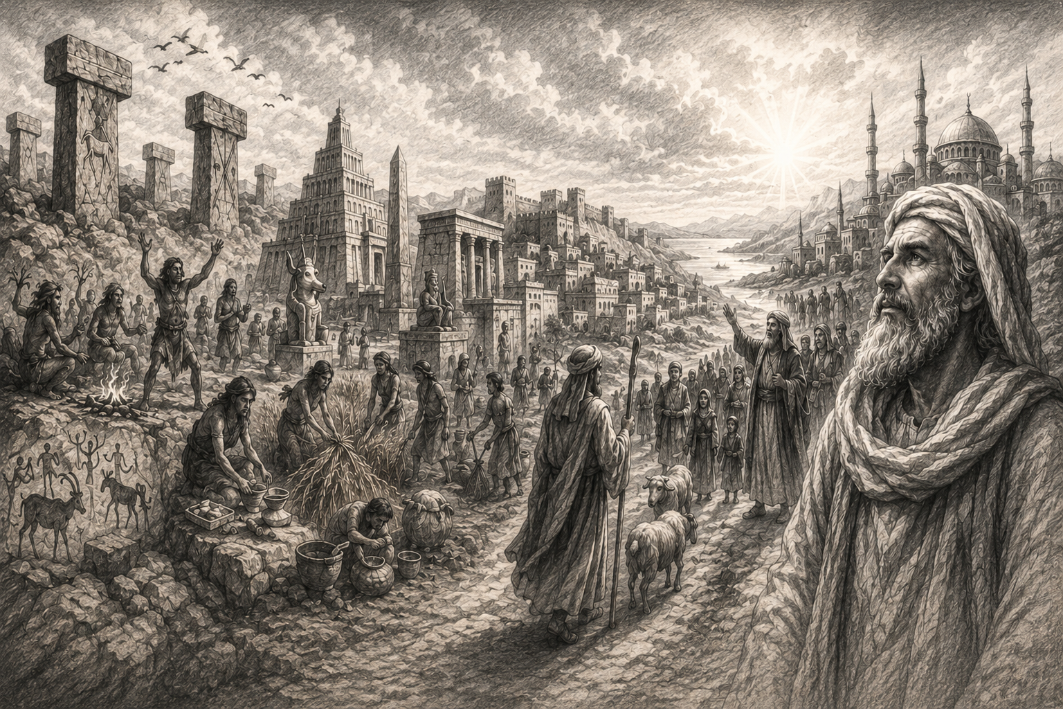 Detailed pencil illustration depicting ancient polytheistic civilizations — stone monuments, idol statues, and crowds — alongside a bearded patriarch figure gazing toward a radiant horizon, representing the transition from polytheism to monotheism